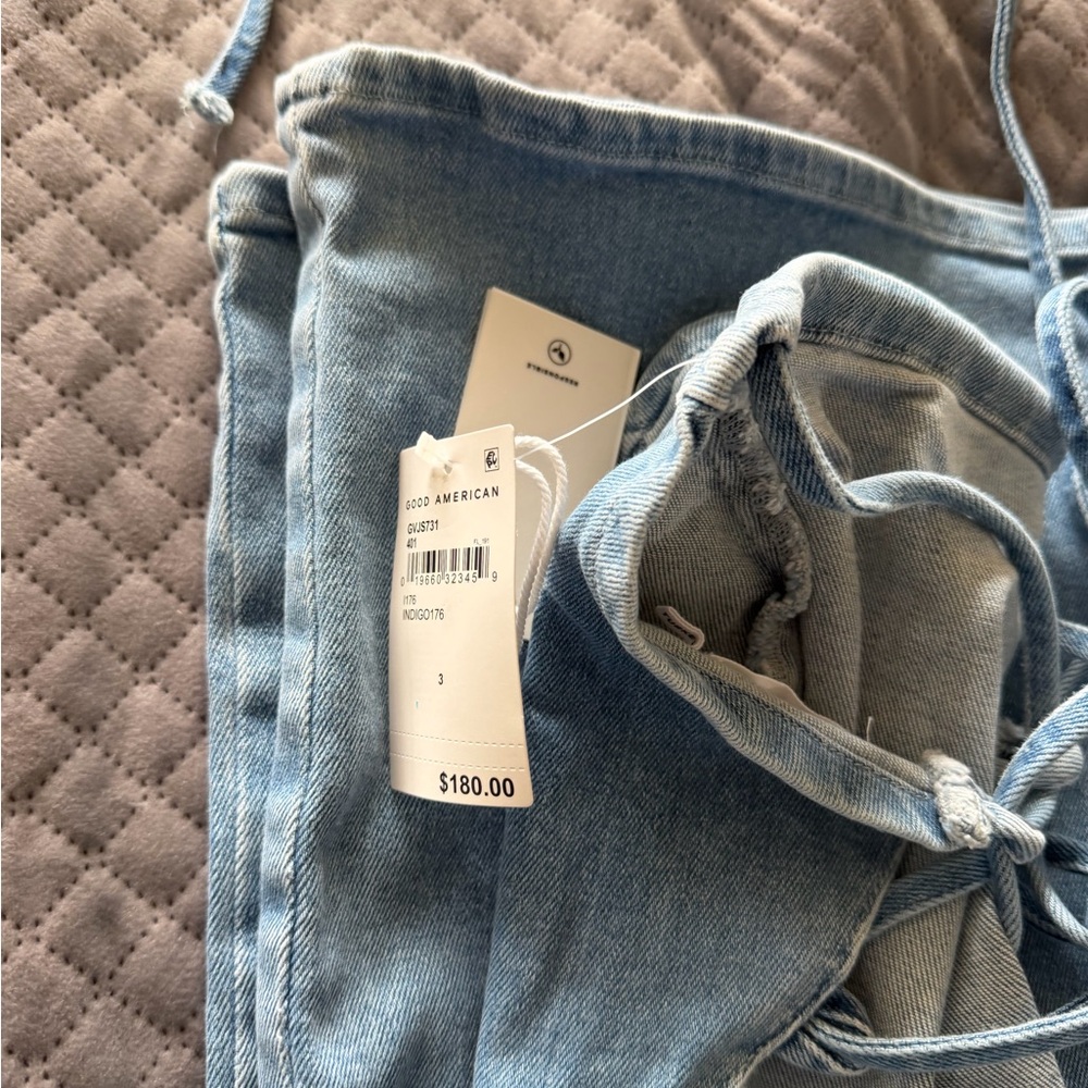 Good American Light Blue Denim Lace Up Back Overall Jumpsuit - Picture 5 of 5